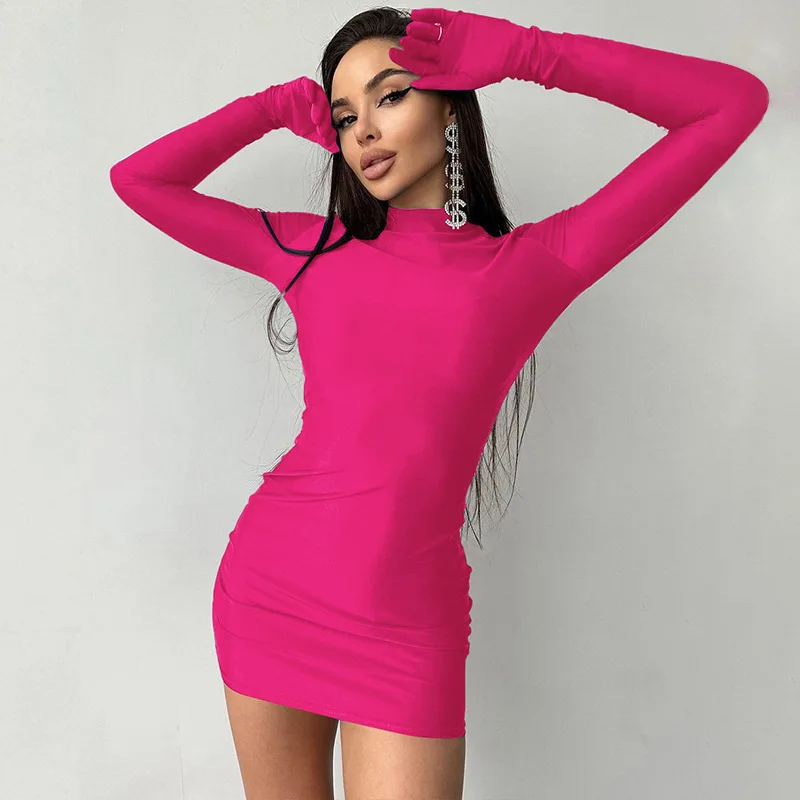 

Women Sexy Hip Bodycon Mini Dress Full Sleeve Gloves Round Neck Skinny Stretchy Rave Party Clubwear 2023 Autumn Streetwear
