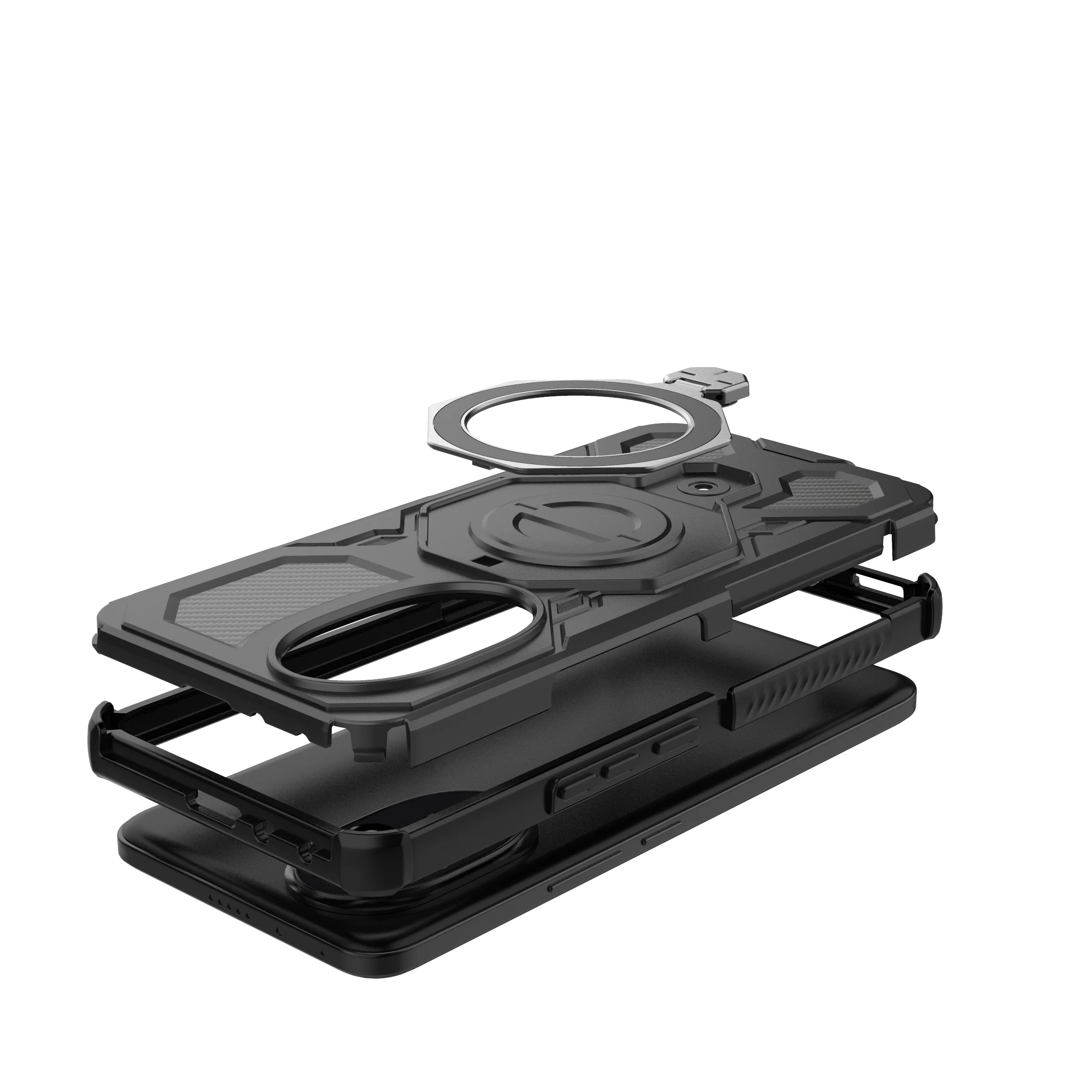 Magnetic Wireless Charging Phone Case with Ring Holder Kickstand - Carbon Fiber Soft Cover