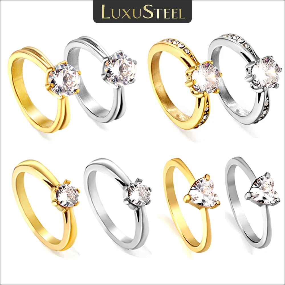 LUXUSTEEL 여성을위한 우아한 AAA 크리스탈 큐빅 지르콘 반지 스테인레스 스틸 6 클로 라인스톤 신부 웨딩 약혼 ..