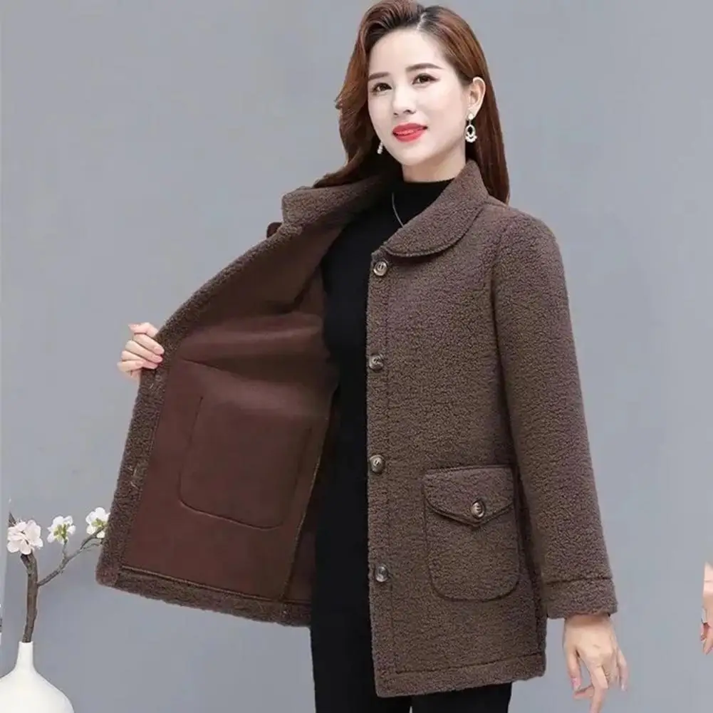 

Lady Coat Stylish Women's Winter Coat Thickened Single-breasted Cardigan with Soft Pockets Lapel Design Cold Resistant Mid