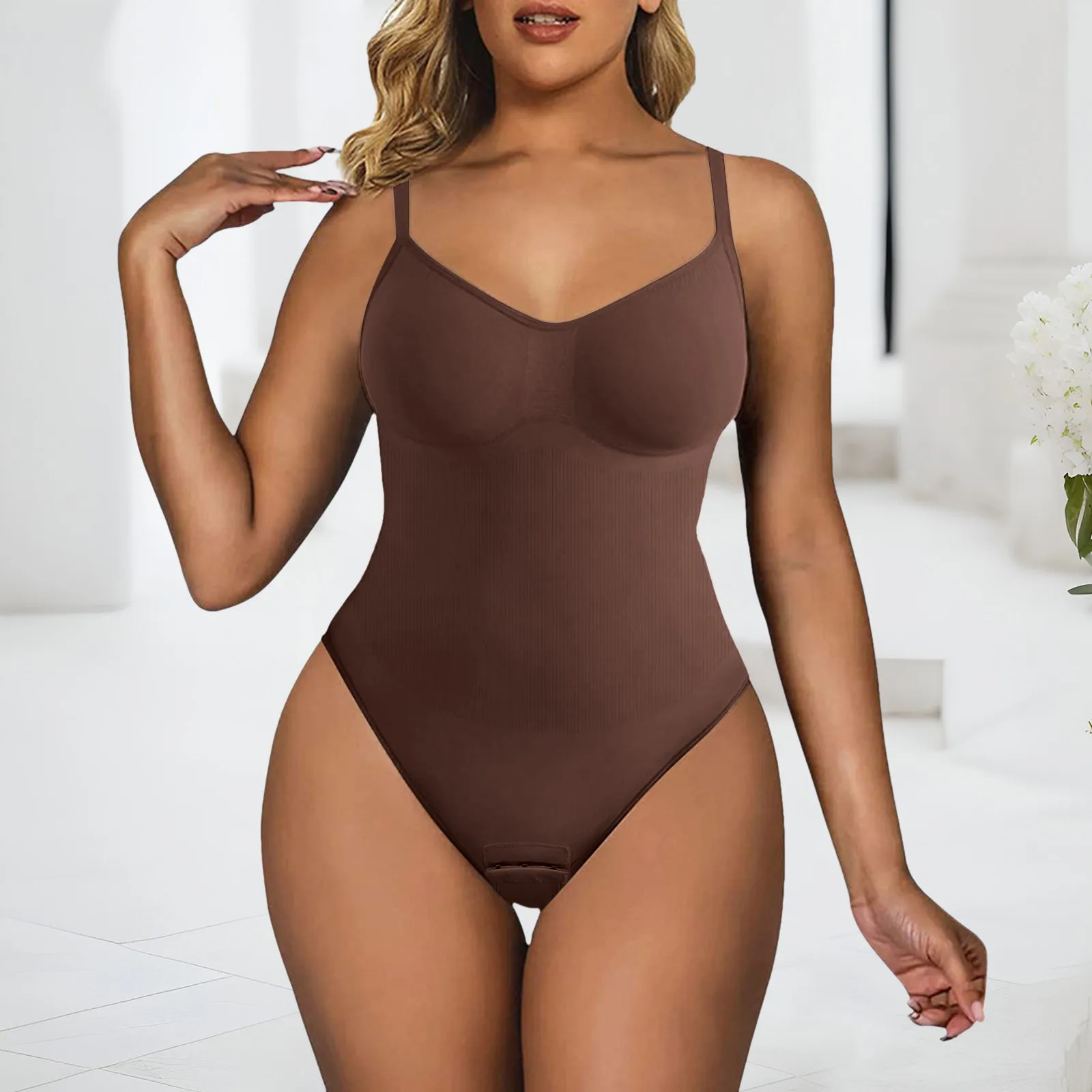 New Women V Neck Spaghetti Strap Bodysuits with Padded Body Suits Open Crotch Shapewear Slimming Body Shaper Smooth Out Bodysuit