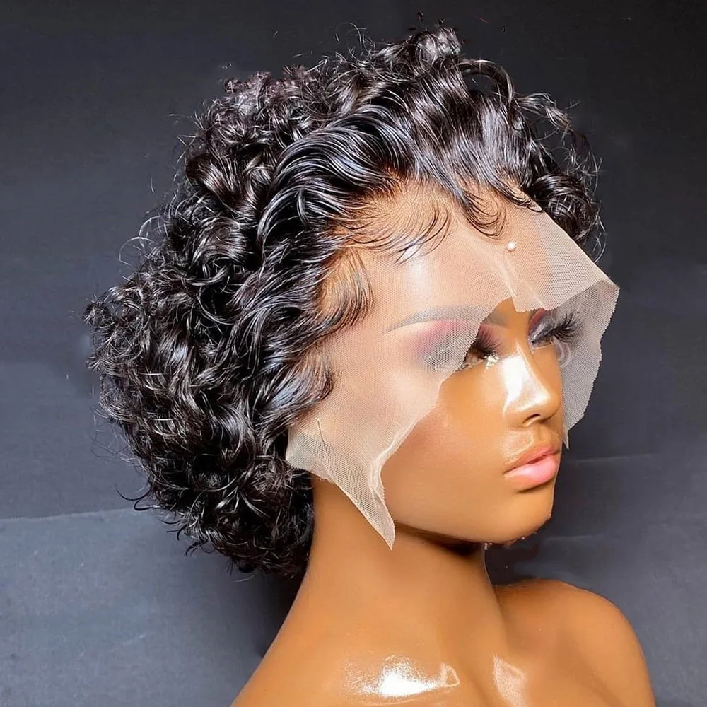 Short Pixie Cut Wigs Brazilian Human Hair Curly 13X1 Transparent Lace Wig Preplucked Hairline For Black Women