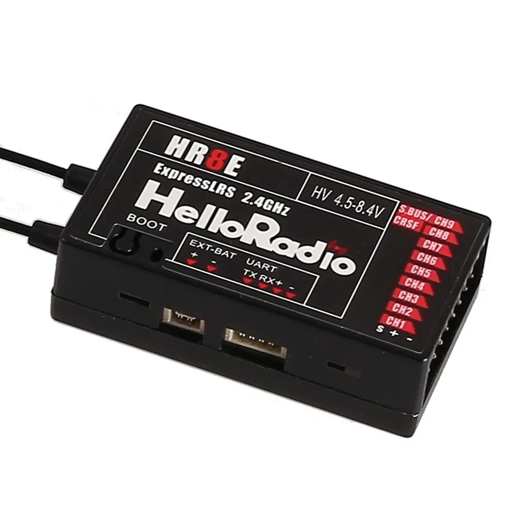Récepteur PWM ELRS 2.4GHz HR8E 9CH avec câbles et connecteurs servo, vue de côté