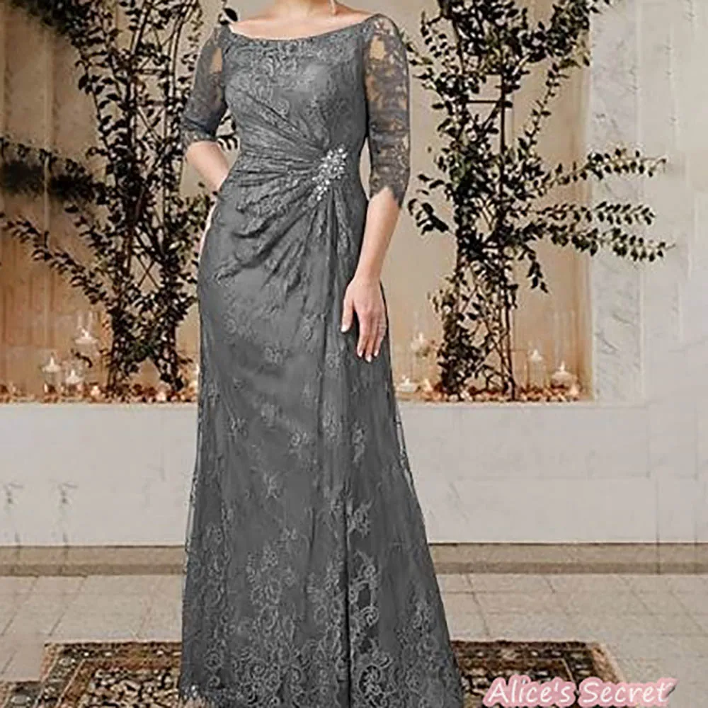 Elegant A-Line Mother of the Bride Dress Wedding Guest Jewel Neck Floor Length Lace Short Sleeve Ruffles Crystal Side Draped Flo