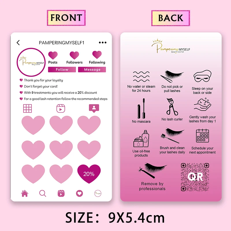 맞춤형 속눈썹 연장 로열티 카드, 지도 카드, 애프터케어 카드 디자인, 속눈썹 할인 코드, 감사 카드