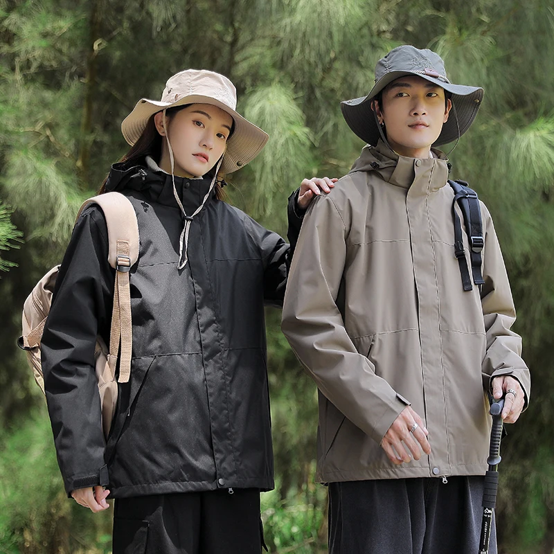 Hooded Patchwork Outdoor Fleece Jacket Men Winter Couple Two-Piece Detachable Jacket Waterproof Windproof Mountaineering Coat