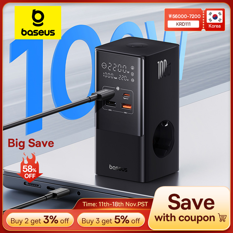 Baseus 100W Fast USB Charger 6 in 1 Power Strip Desktop Charging Station 1200J Surge Protector For MacBook iPhone 16 15 Samsung