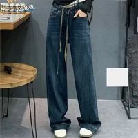 XXXXL Fashion Plus Size Women's Jeans Autumn New Drawstring Waisted Denim Straight Leg Pants Casual Full Length Trousers 1393