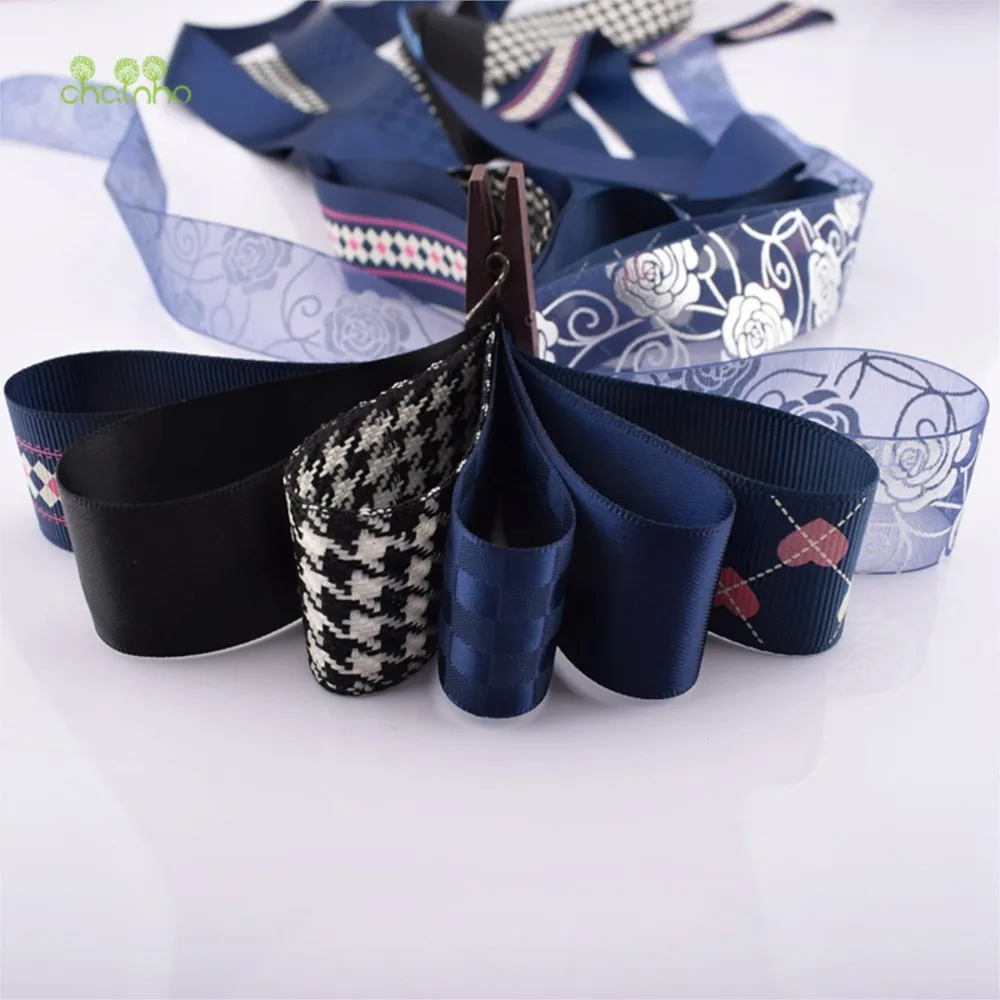 Chainho,Ribbon & Lace Set,Navy Blue & Black Color Series,DIY Handmade Hair Ornament Accessoriees,1 Yard/Piece,21 Pieces/Lot,RB02