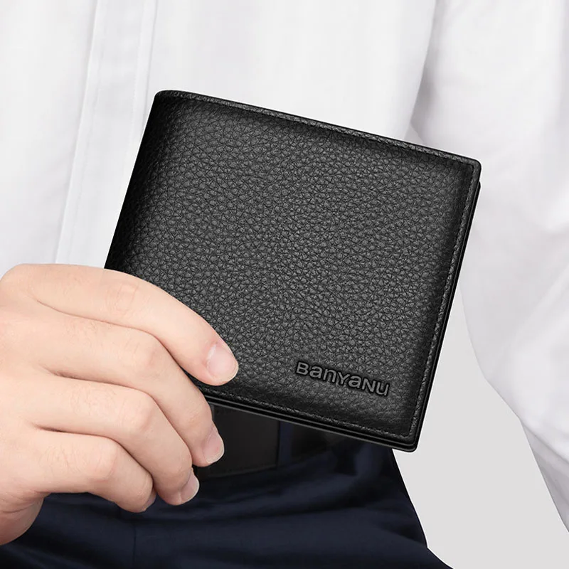 Lychee Pattern Cowhide Leather Men's Wallets ID Credit Card Holders Short Coin Purses Money Bag Clip Driver License Cover