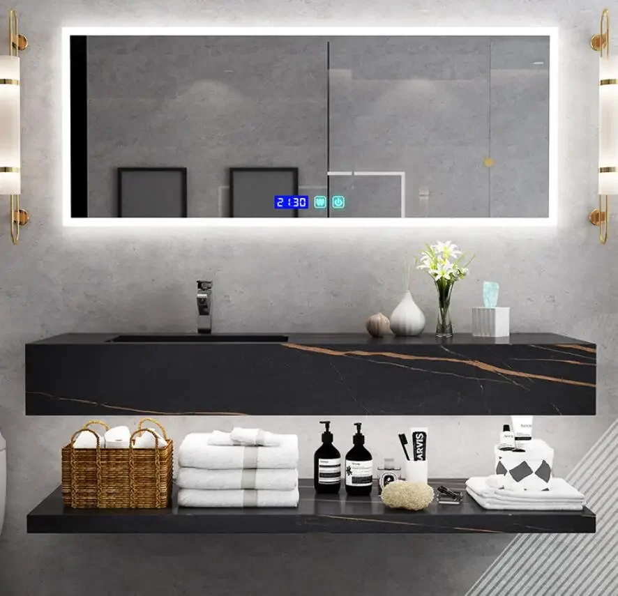 Modern Design Plywood Bathroom Vanity Cabinet With LED Smart Mirror And Basin Sink For Villas