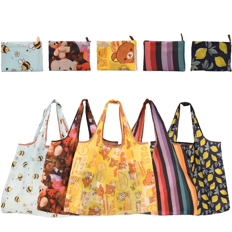 Foldable Bee Bear Cat Flower Pattern Large Shopping Bag Washable Reusable Handbags Printed Waterproof Hand-held Storage Bag shopping bag tote bags canvas bag canvas bags