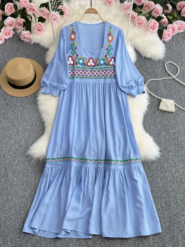 

Women Embroidary Bohemian Solid Dress Summer O Neck 2024 French Style Elegant Short Sleeves Ladeis Loose Long Dresses