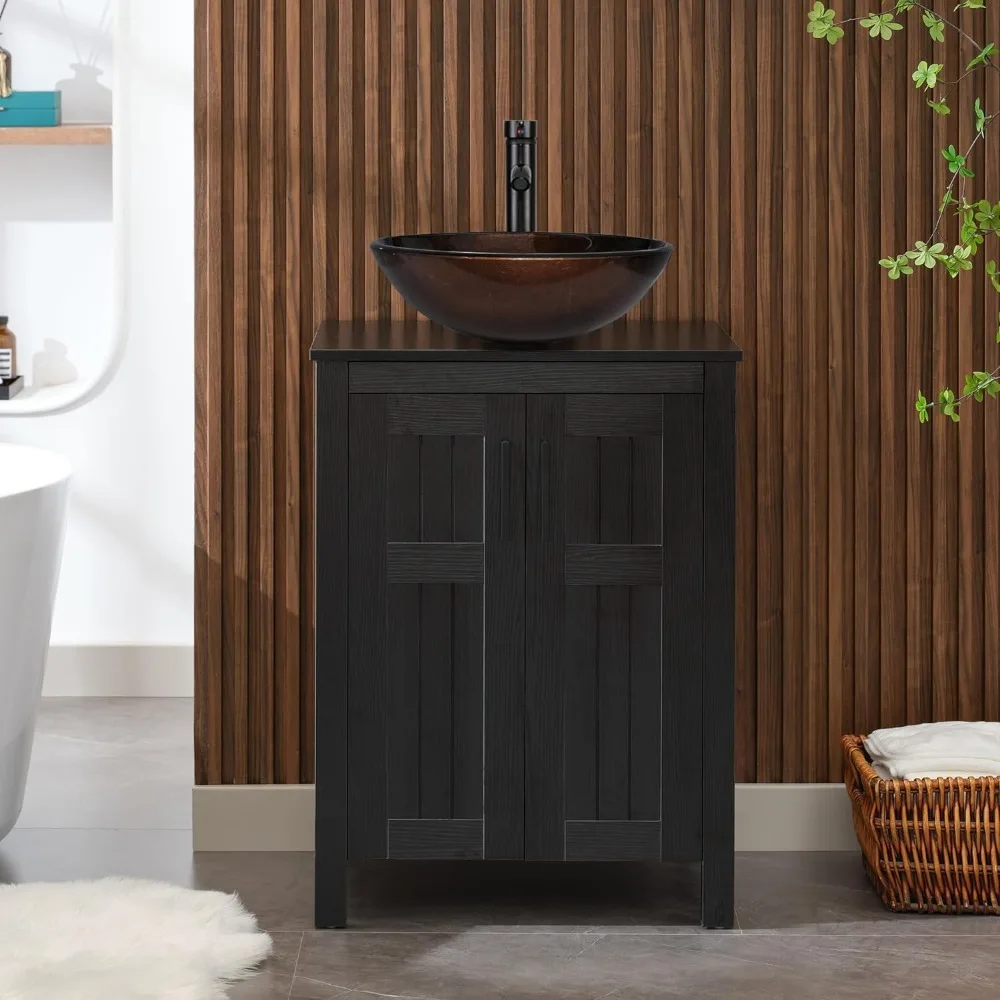 24" Black Bathroom Vanity with Sink Combo,Modern Vanity with Vessel Sink,Stylish Bathroom Cabinet,Grooved Doors