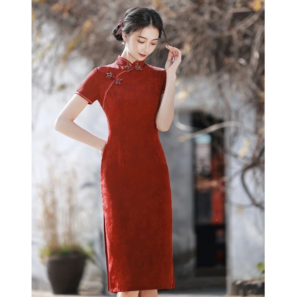 

Chinese Style Red Cheongsam Dresses Women Elegant Floral Print Midi Qipao Bride Wedding Dress Slim New Year Evening Party Gown