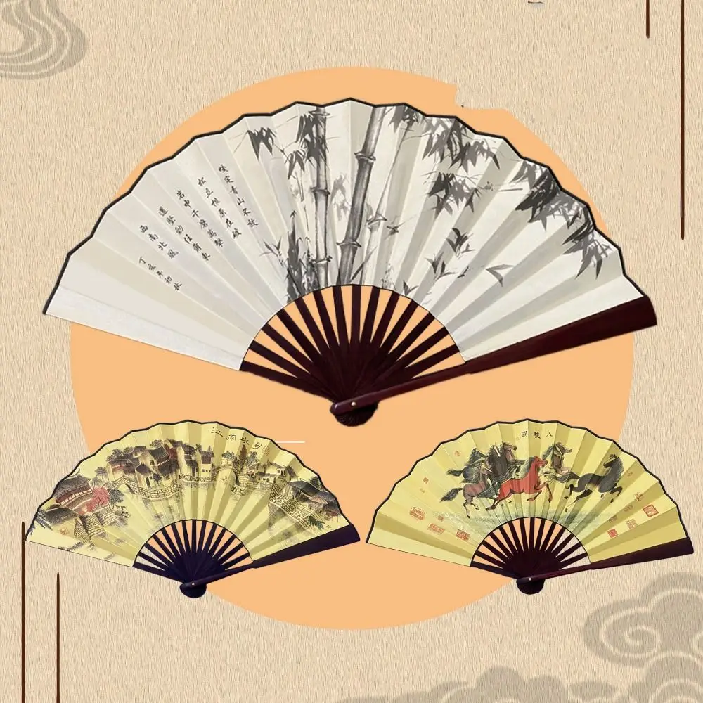 

Bamboo Handle Folding Fan Traditional Chinese Painting Bamboo Fan Durable for For Summer Daily Dance Wedding Party