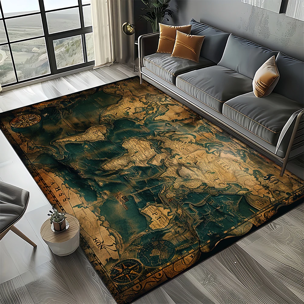 Nautical Map Rug – Retro Marine Compass Carpet | Non Slip Floor Mat for Living Room