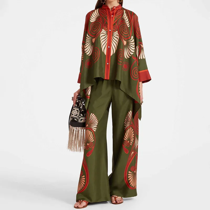 Women's Geometric Print Oversized Shirt & Wide Leg Pants Set