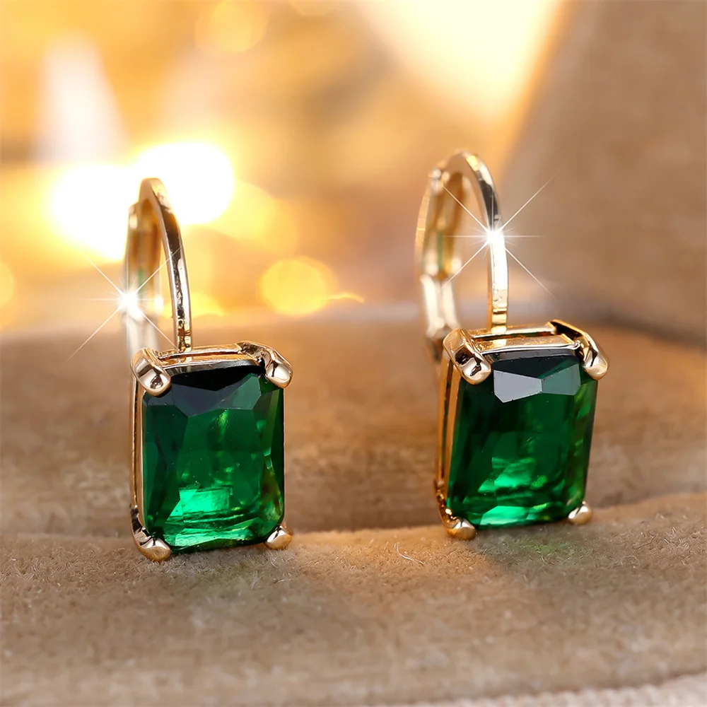 Charm Green Crystal Square Stone Hoop Earrings For Women Vintage Fashion Gold Color Ear Buckle Wedding Jewelry Mother's Day Gift