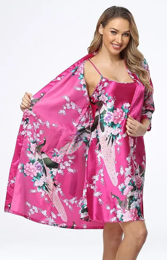 Women's Floral Satin Kimono Robe and Nightgown Set with Camisole 2 Piece Sleepwear Peacock Bathrobe