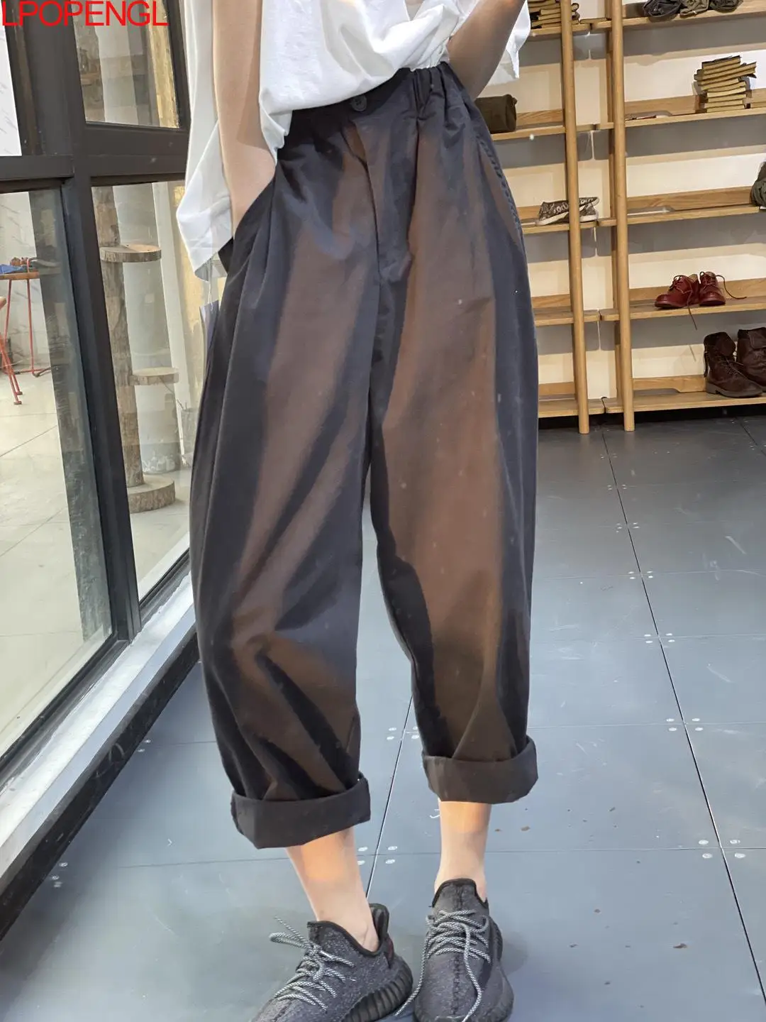 Spring And Summer New Literary And Artistic Elastic Waist Solid Color Casual  Women's Loose Straight Leg Thin Nine-point Pants