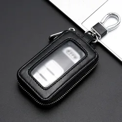 Deluxe PU Leather Car Key Case with Transparent Window and Zipper Holder - Stylish Universal Remote Protector (Black)