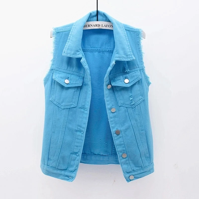 

Color Ripped Denim Vest Jacket Women's Short 2023 Spring Summer Raw Edge Sleeveless Outerwear Casual Female Jeans Waistcoat Tops