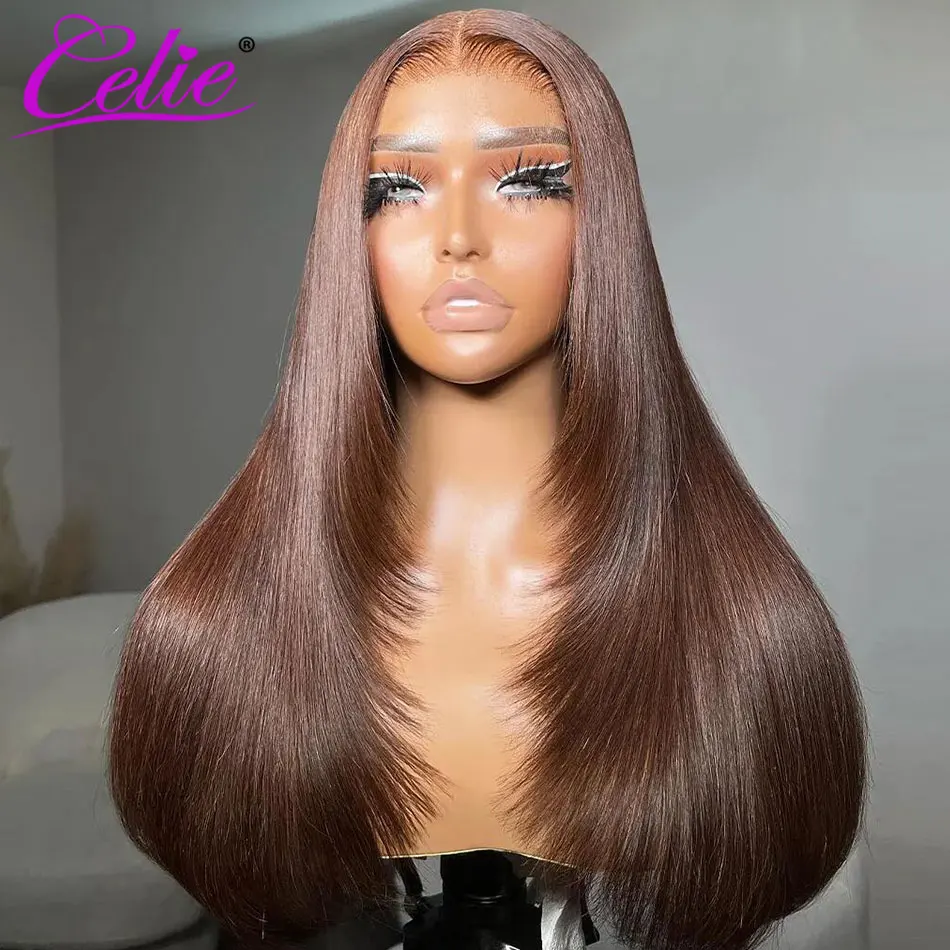 Celie Layered Cut Straight Glueless Wig Dark Brown Face Framing 6&times;5 Pre-cut Hd Lace Closure Wig Pre Bleached Human Hair Wigs