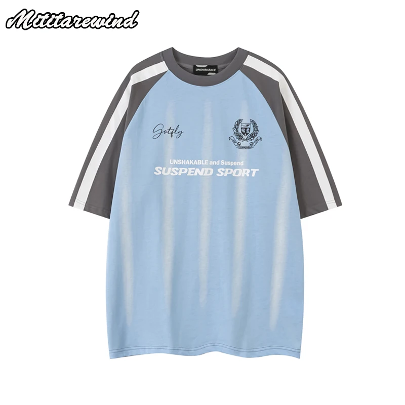 

Летняя спортивная футболка для мужчин и женщин, футболка контрастных цветов с полурукавами и боковыми застежками, оверсайз футболка из чистого хлопка