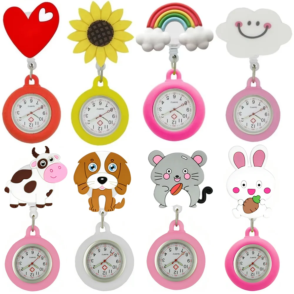 Pocket Watch Badge Reel Nurse Doctor Cartoon Smile Animals Retractable Gift For Hospital Medical Brooch Clip Clock
