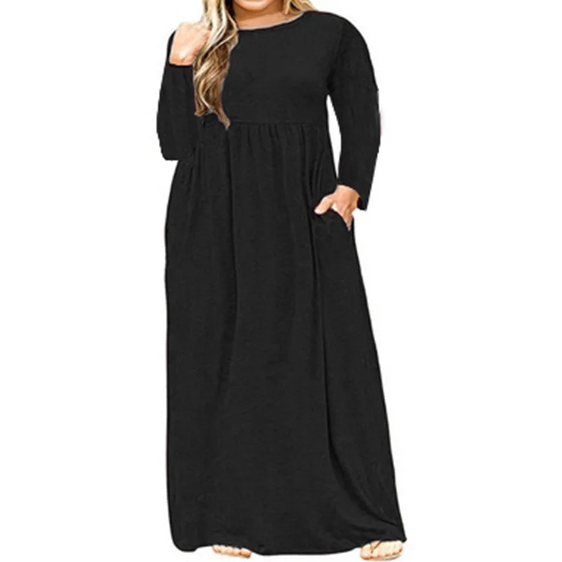 Plus Size Clothes Spring Autumn Round Neck Solid Color Long Sleeve Patchwork Pockets Loose Waist Casual Super Maxi Dress Ladies
