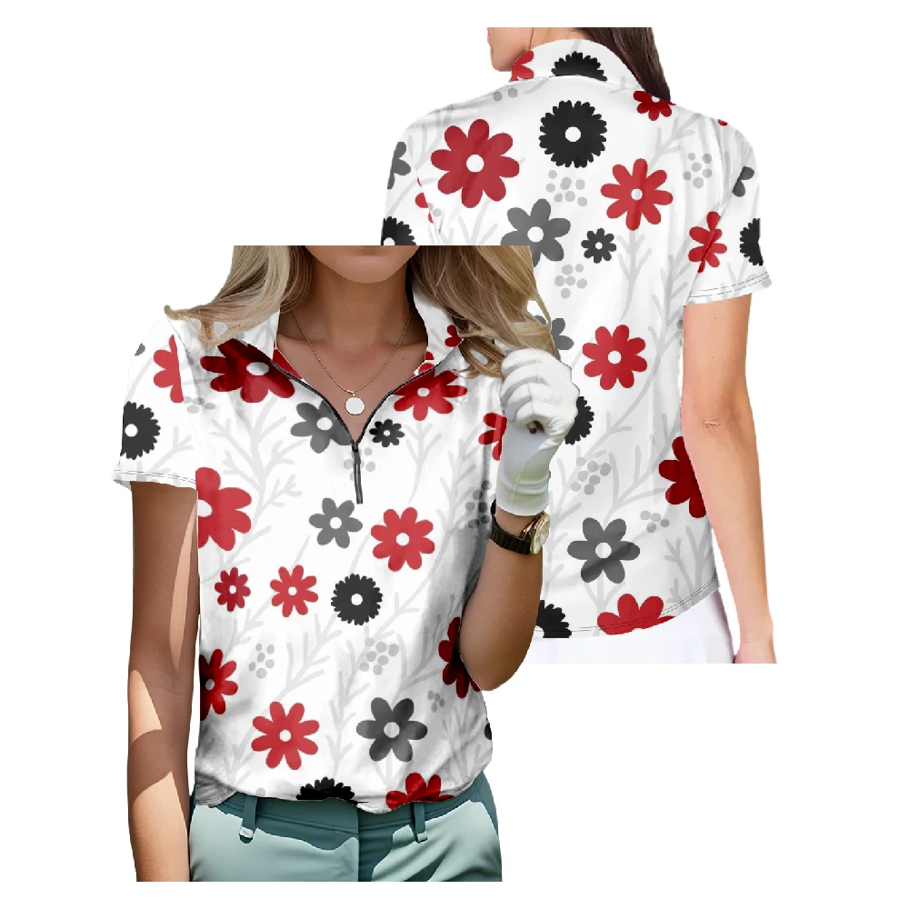 

Рубашка для гольфа с коротким рукавом и цветочным принтом, дышащий Быстросохнущий топ на молнии, модная уличная одежда, женская спортивная одежда, красный и черный цвета