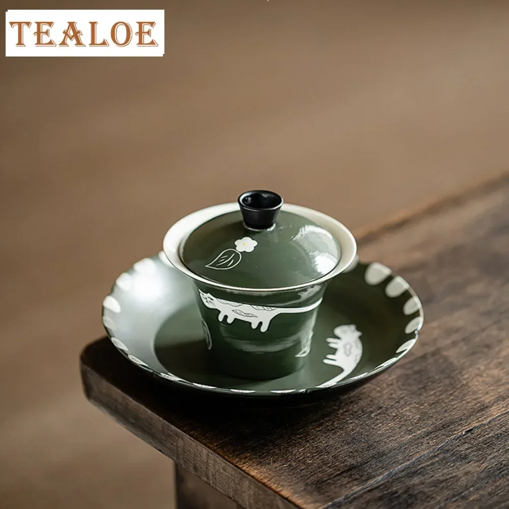 150ml Handmade Powder Yin Olive Green Gaiwan Boutique Hand Painted Cat Tea Tureen Tea Making Cover Bowl Tray Cafes Supplies