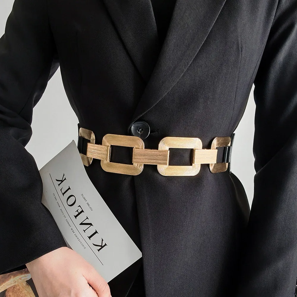 

PU Wide Waist Belt Fashion Metal Geometric Shape Waist Accessories Stretchy Decoration Belt
