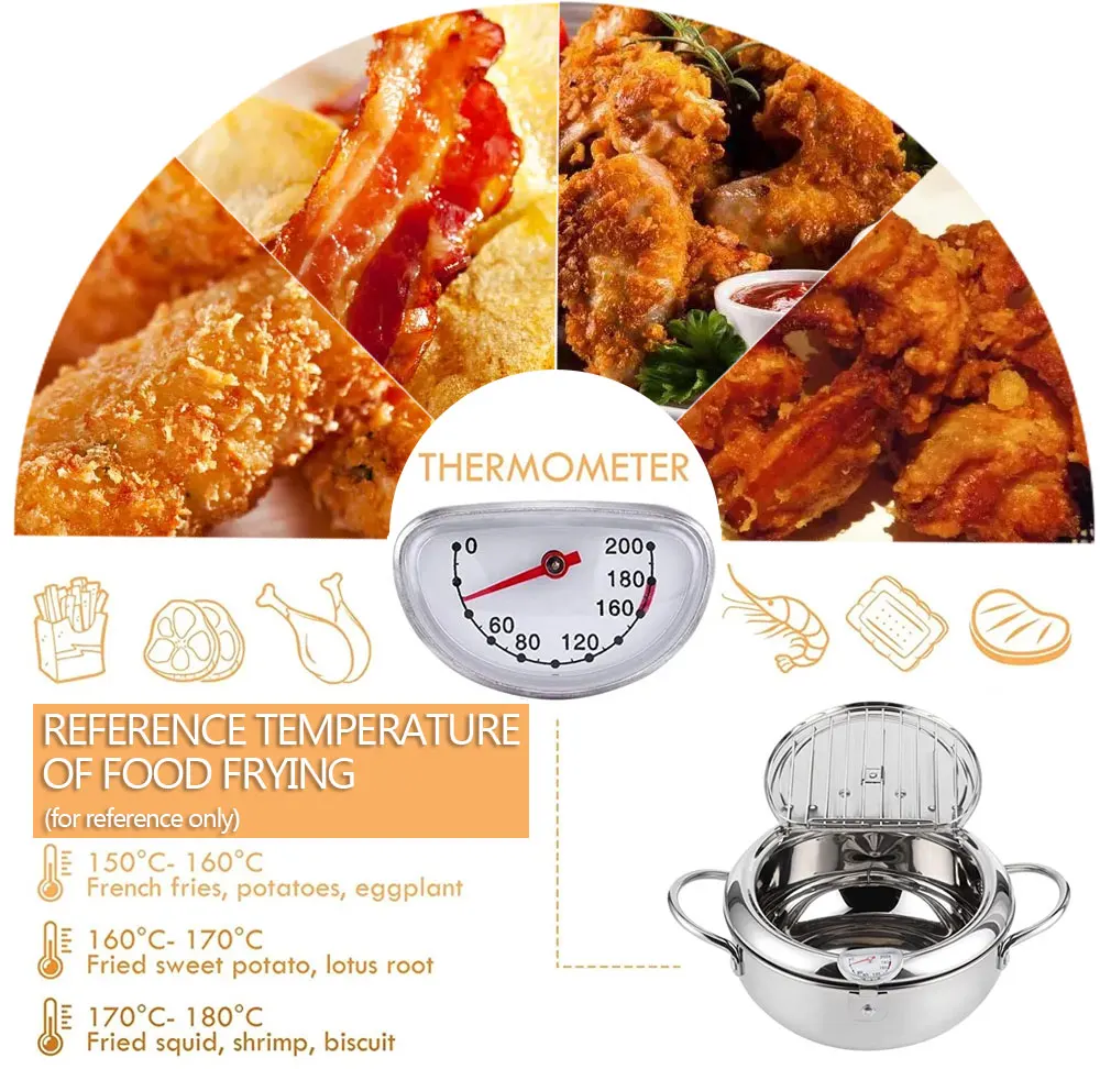 Japanese Deep Fryer With Thermometer and Lid 304 Stainless Steel Kitchen Tempura Fryer Pan Fryer Without Oil Frying Pan Fryer 5
