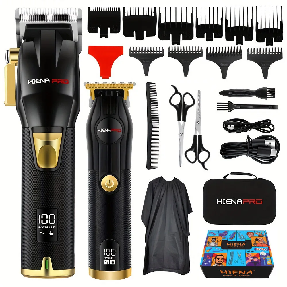 Professional Hair Clipper Set for Men, Rechargeable Hair Trimmer with LCD Digital Display, Electric Clipper, Black and Gold