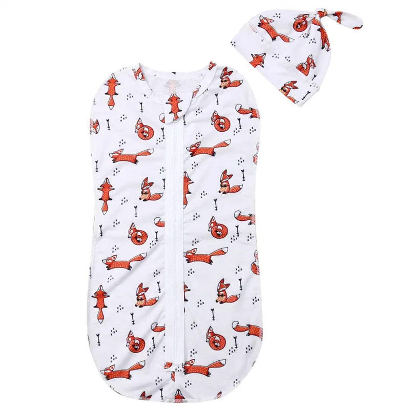 0-6m Newborn Sleeping Bags Cartoon Animal Print Zipper Baby Girls Boys Swaddle Wrap Blanket + Hat