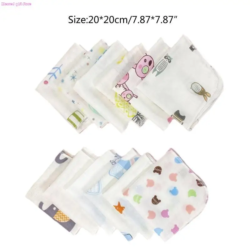 D0JC 10Pcs 20x20cm Baby Washcloths Set Cartoon Print Double Layer Gauze Infant Face Towel Reusable Wipes Absorbent Square - Image 6