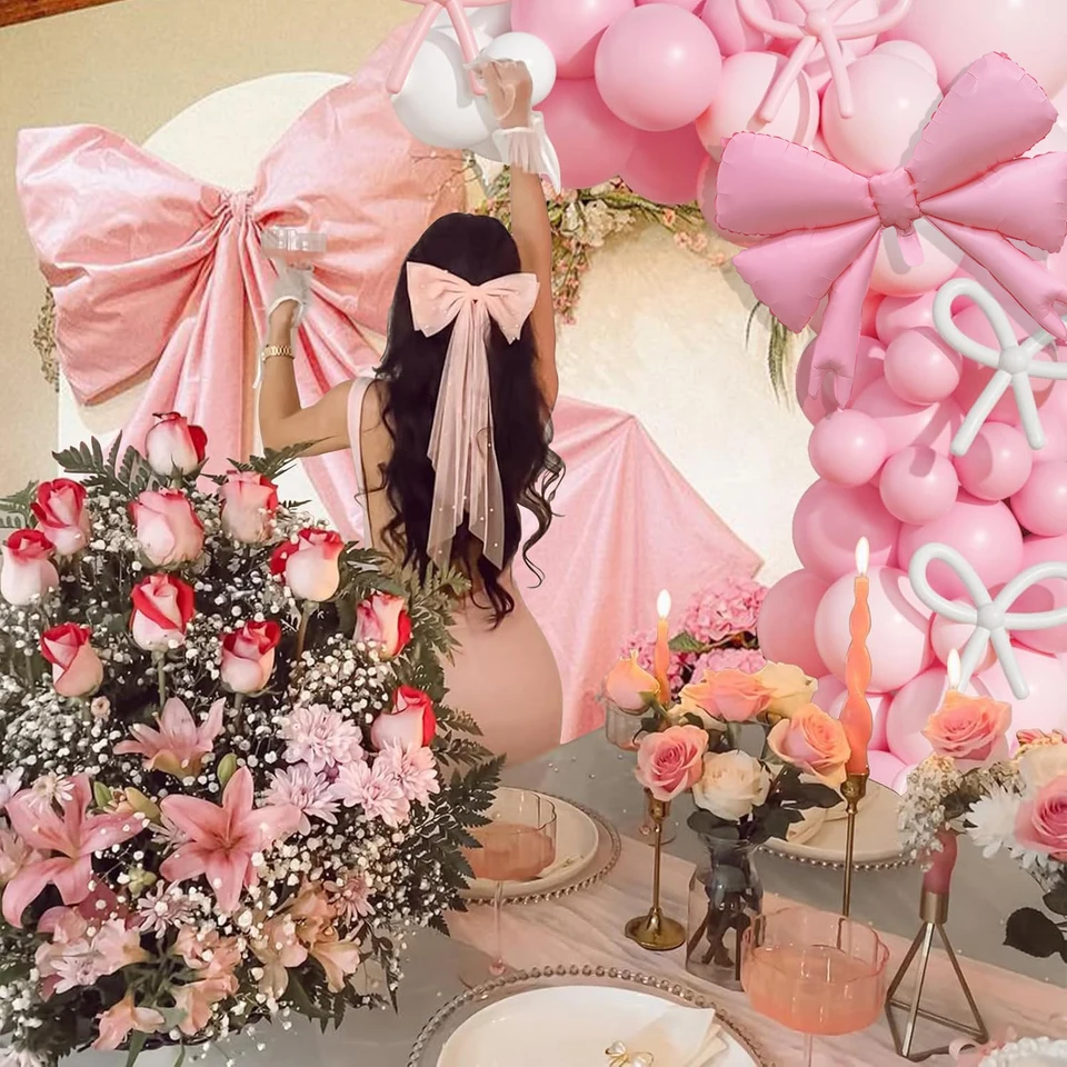 Pink Bow Balloon AJH3 Garland Arch Kit - Coquette Birthday Coquette Bow Pink And White Balloon Arch Kit Different Size Wedding Bridal Girls Birthday B