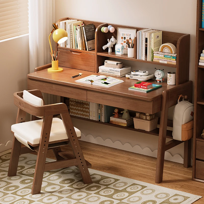 Simple Solid Wood Student Desk Bookshelf for Children Metal Home Bedroom Desk Chair for Study Writing Living Room School