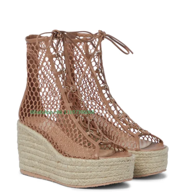 

Lady Mesh Hollow Design Wedge Heel Boots Peep Toe Ankle Boots Summer Fall Platform Lace-up Causal Boots Footwear Size 46