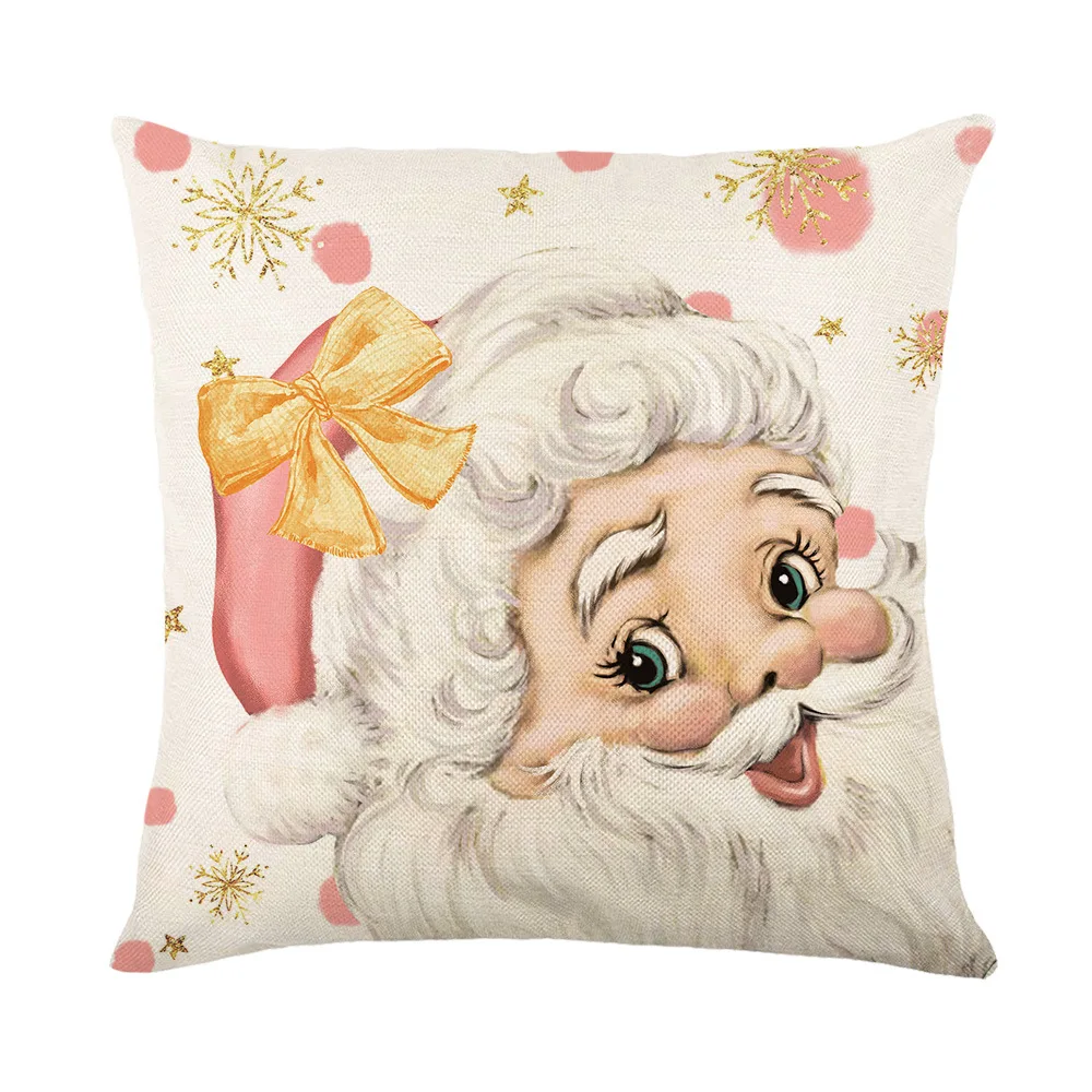 Merry Christmas Pink Cushion Cover Santa Claus Sleigh Car Reindeer Print Pillowcases Xmas Farmhouse Home Decor Sofa Pillow Cover