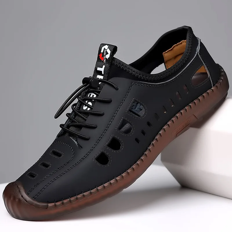 

2024 Men's Sandals Summer New Hollow Men Casual Shoes Breathable Leather Fashion Light Soft Bottom Soft Comfortable Man Sneakers