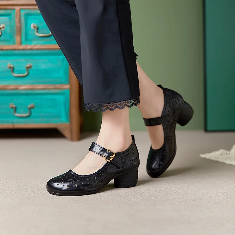 Real Leather Cutout Pumps Shoes for Women's Med Round Heels Elegant Mary Janes Work Dress Office Party Shoes Woman Holes Sandals