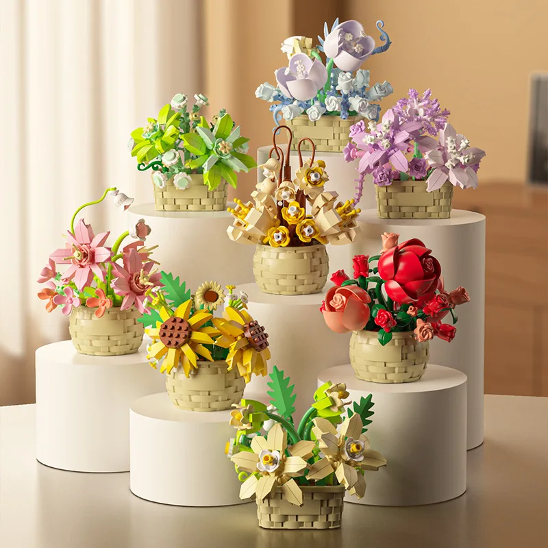 Flower Bouquet Building Blocks Succulents Artificial Basket Kit Bonsai Garden Micro Bricks DIY Potted Plants Model Toys For Kids 2