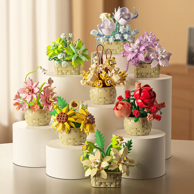 Flower Bouquet Building Blocks Succulents Artificial Basket Kit Bonsai Garden Micro Bricks DIY Potted Plants Model Toys For Kids 2