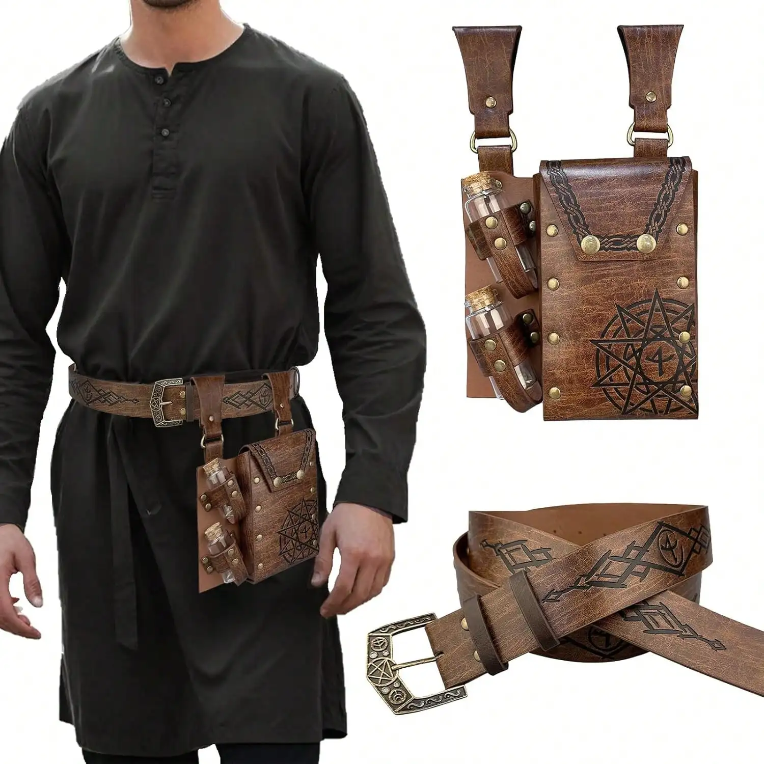 1 Stück/2 Stück Halloween mittelalterlicher Vintage PU-Ledergürtel/Alchemie-Hüfttaschen-Set, geprägte Fantasy-Gürteltasche mit 2 Korktrankflaschen