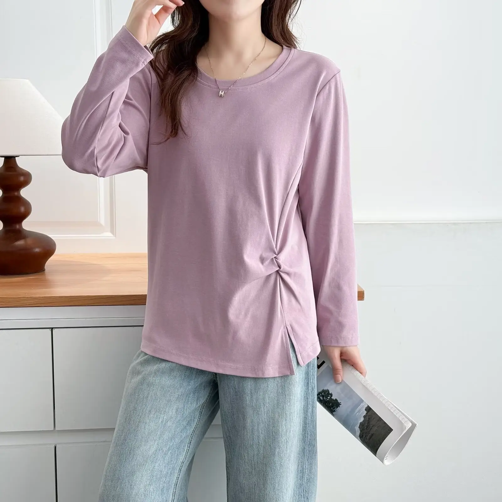 Fashion Plus Size Women's T-Shirt New Autumn Style Fold Waist And Slit Solid Color Long Sleeve O-Neck Tops 2522