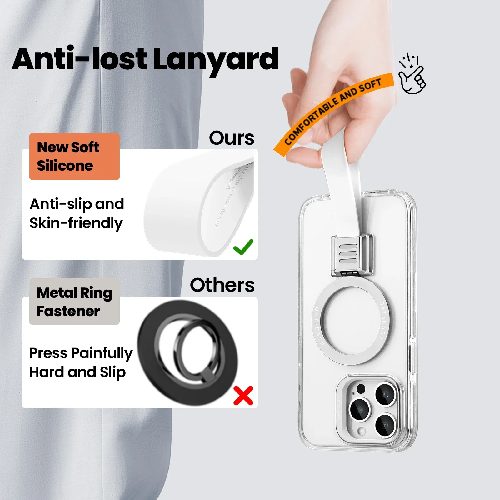 Transparent Phone Case with Silicone Lanyard and Magnetic 360° Rotatable Stand