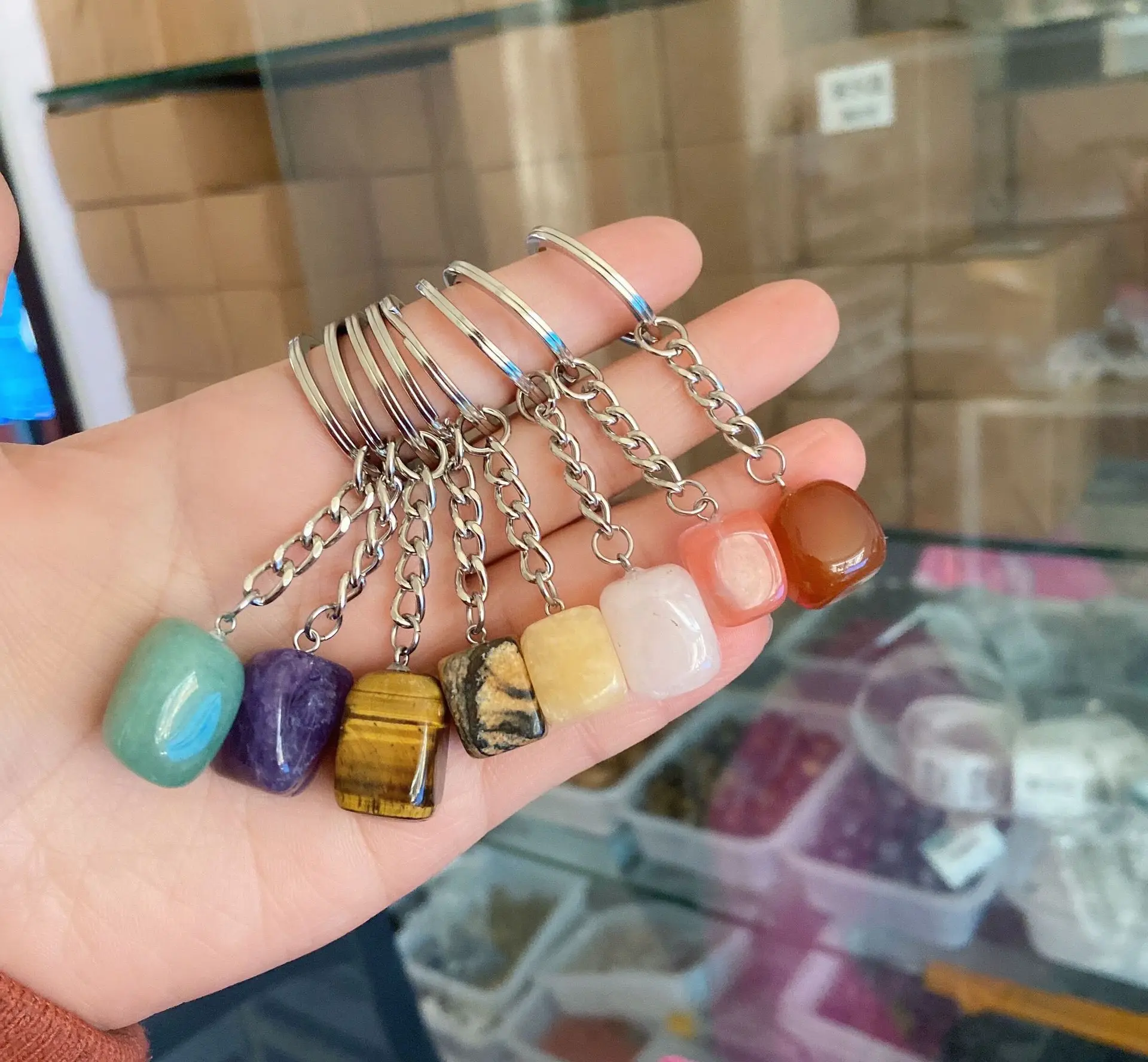 Natural Stone Irregular Keychain Rose Quartz Tiger's Eye Opal Crystal  Key Ring Key Chain keyring
